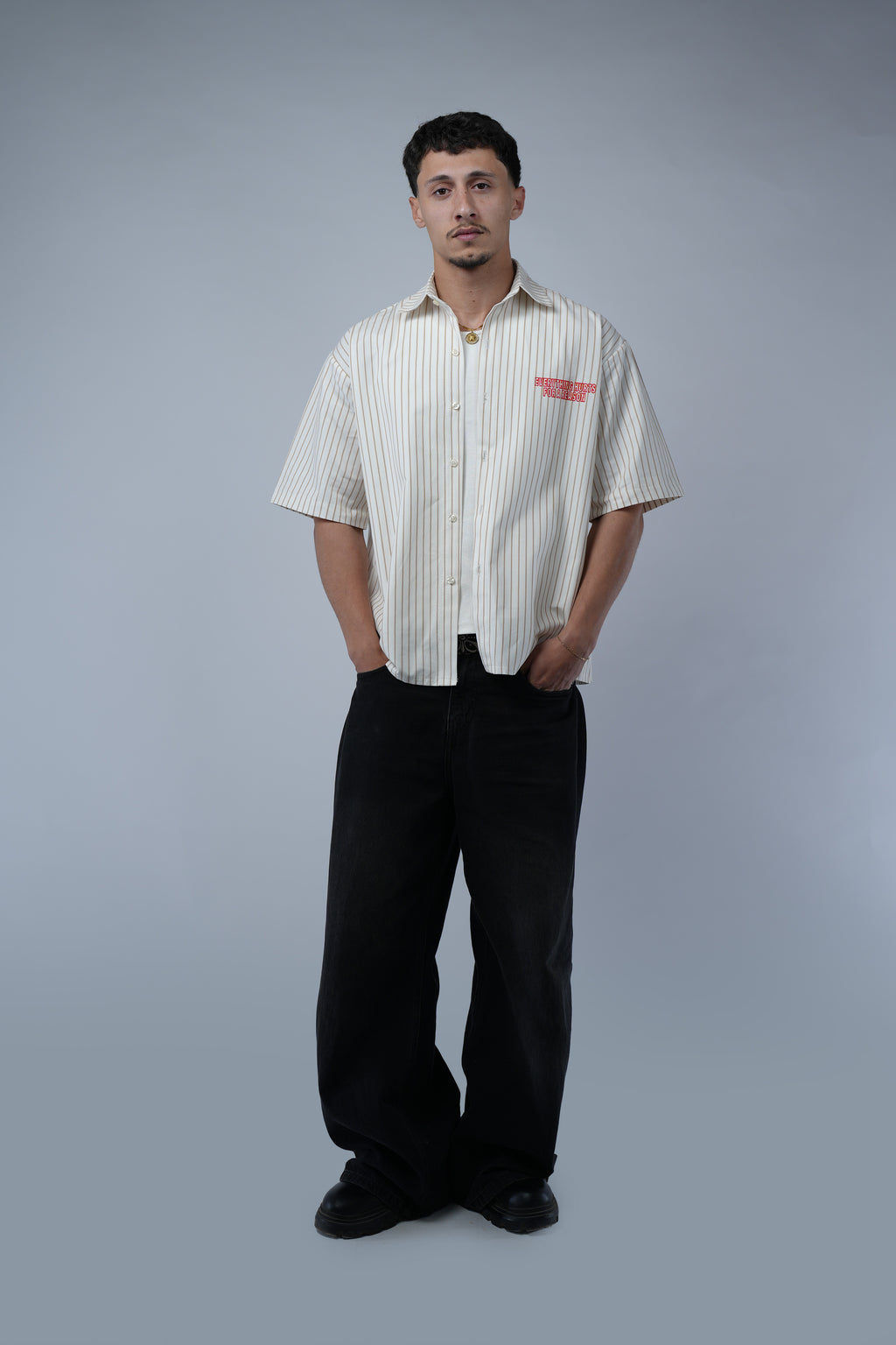 Beige Striped Boxy Fit Shirt.