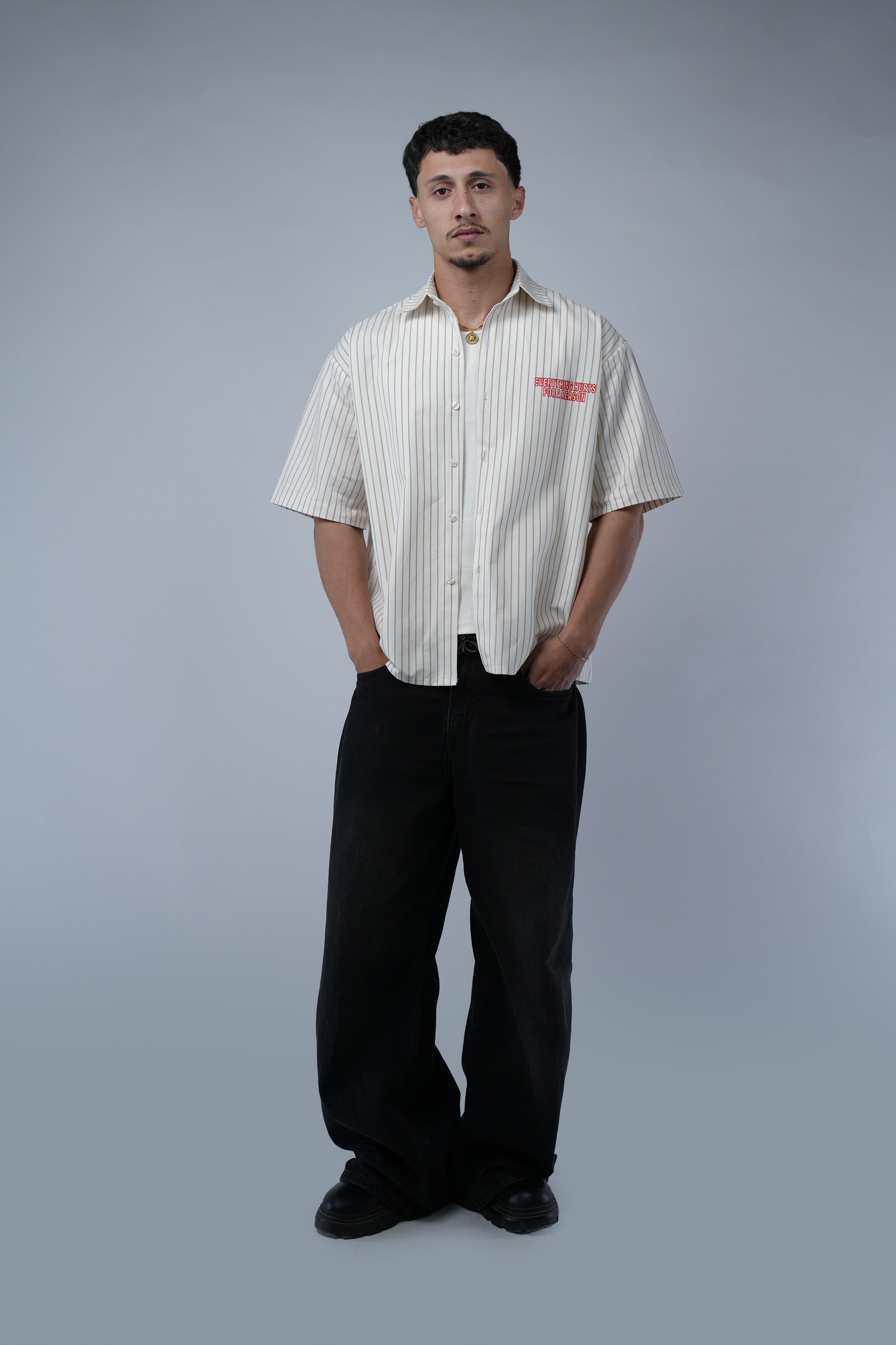 Beige Striped Boxy Fit Shirt.