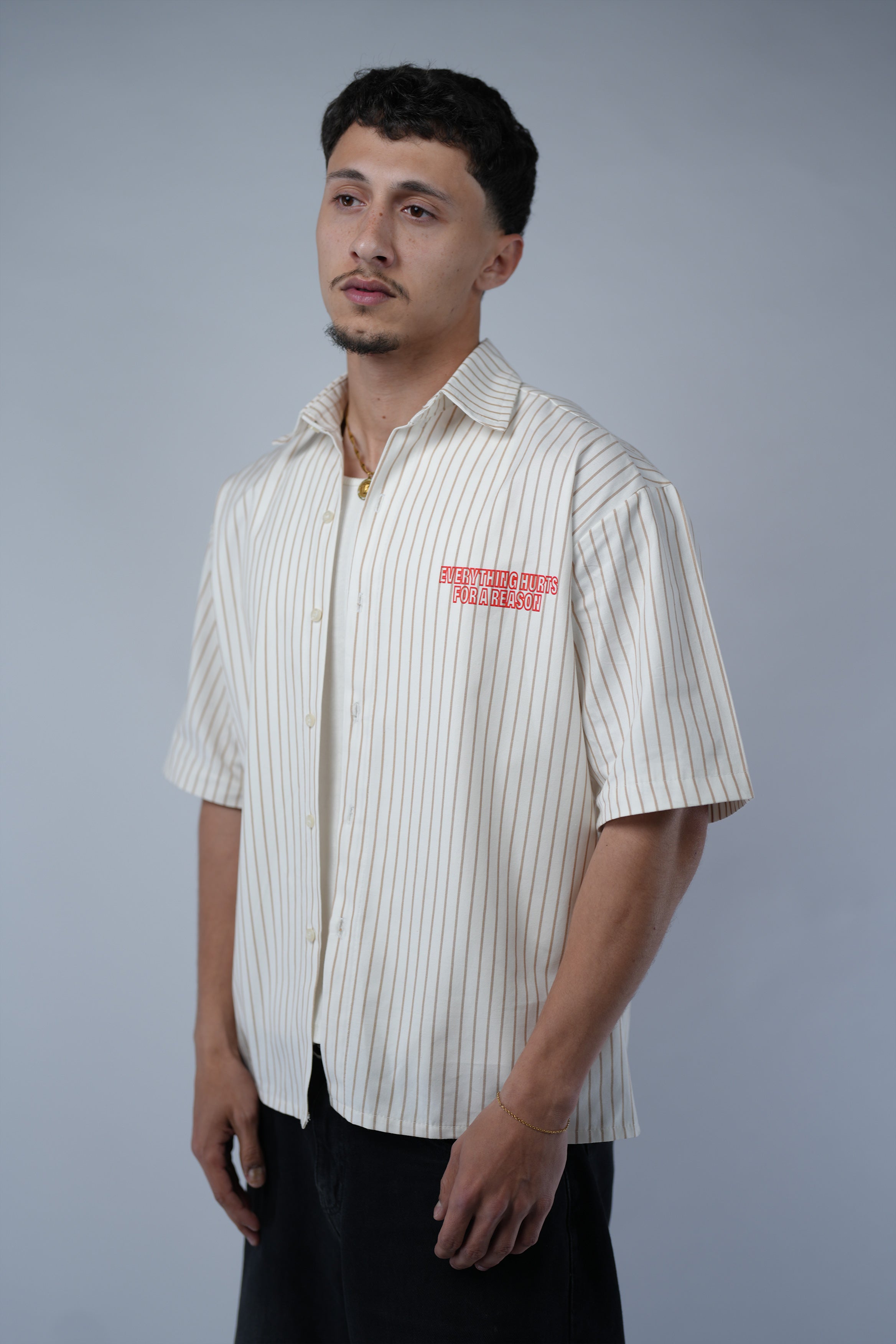 Beige Striped Boxy Fit Shirt.