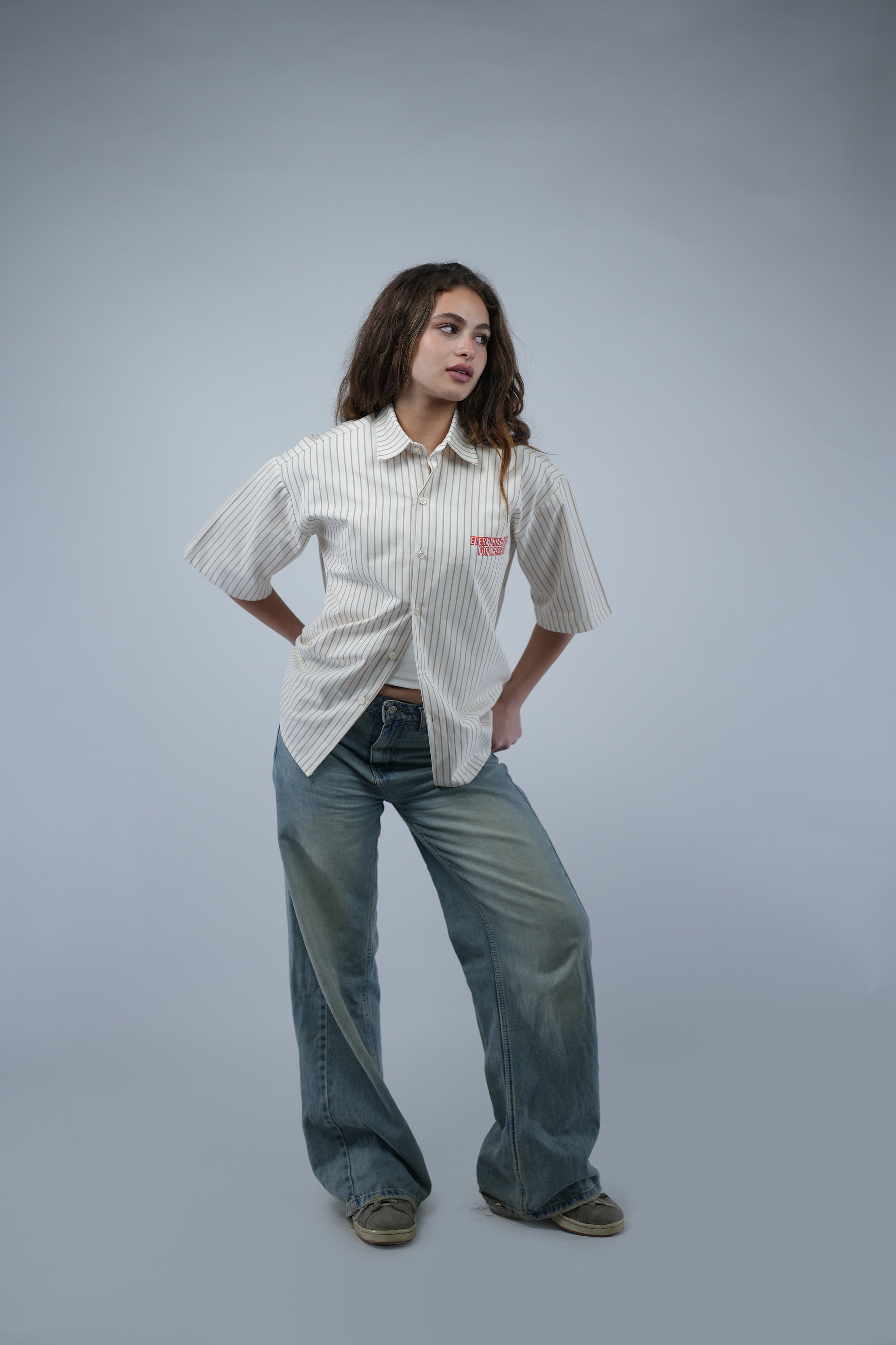 Beige Striped Boxy Fit Shirt