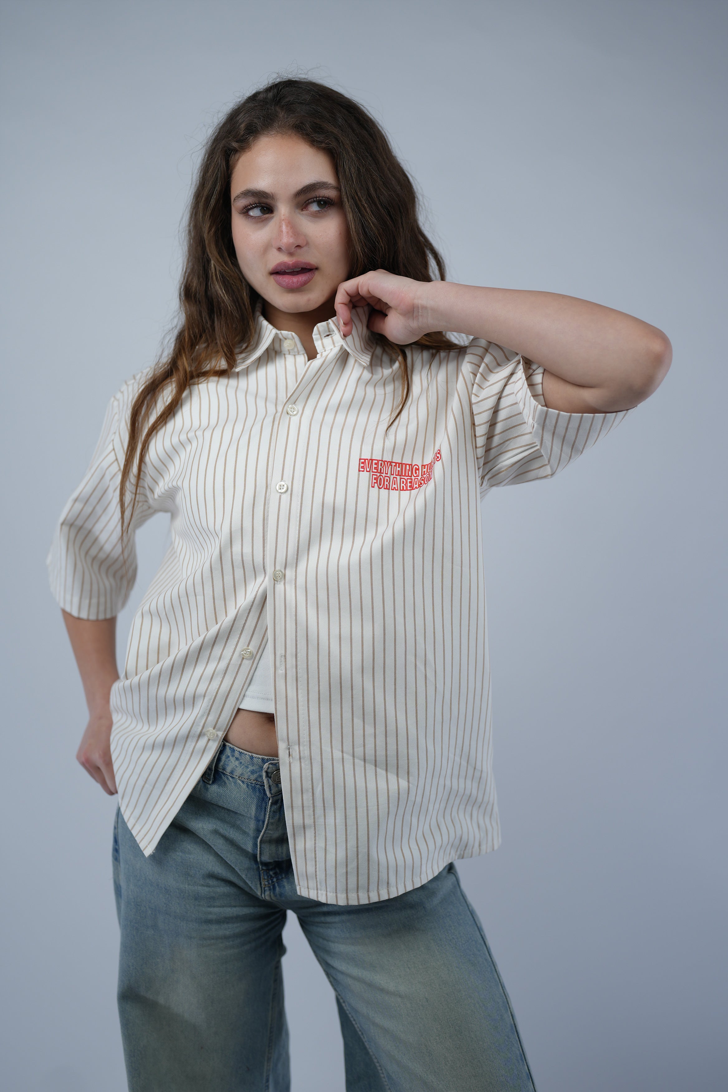 Beige Striped Boxy Fit Shirt