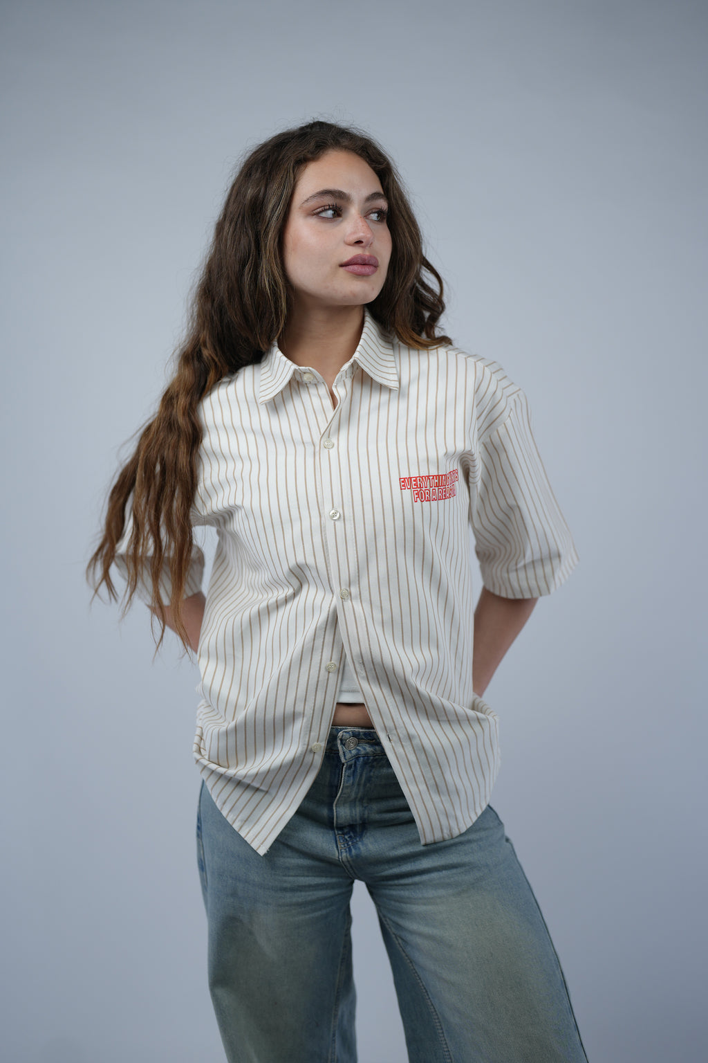 Beige Striped Boxy Fit Shirt